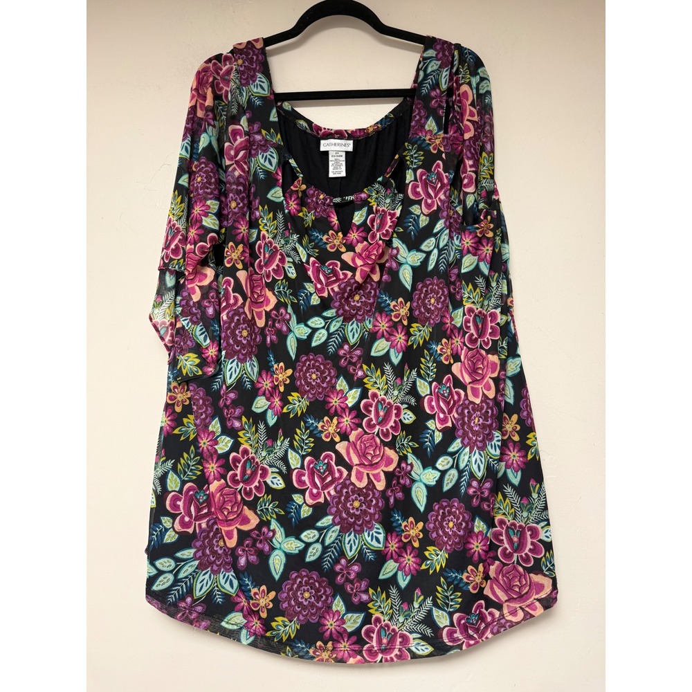 Catherines Plus Size 2X 22/24W Black Floral Print‎ Sheer Overlay Dress